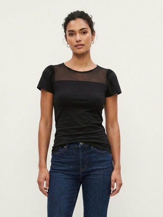 GAP Tops - Gap Chic Slim Fit Wardrobe Capsule Black Sheer-Yoke Puff Sleeve Women's Top